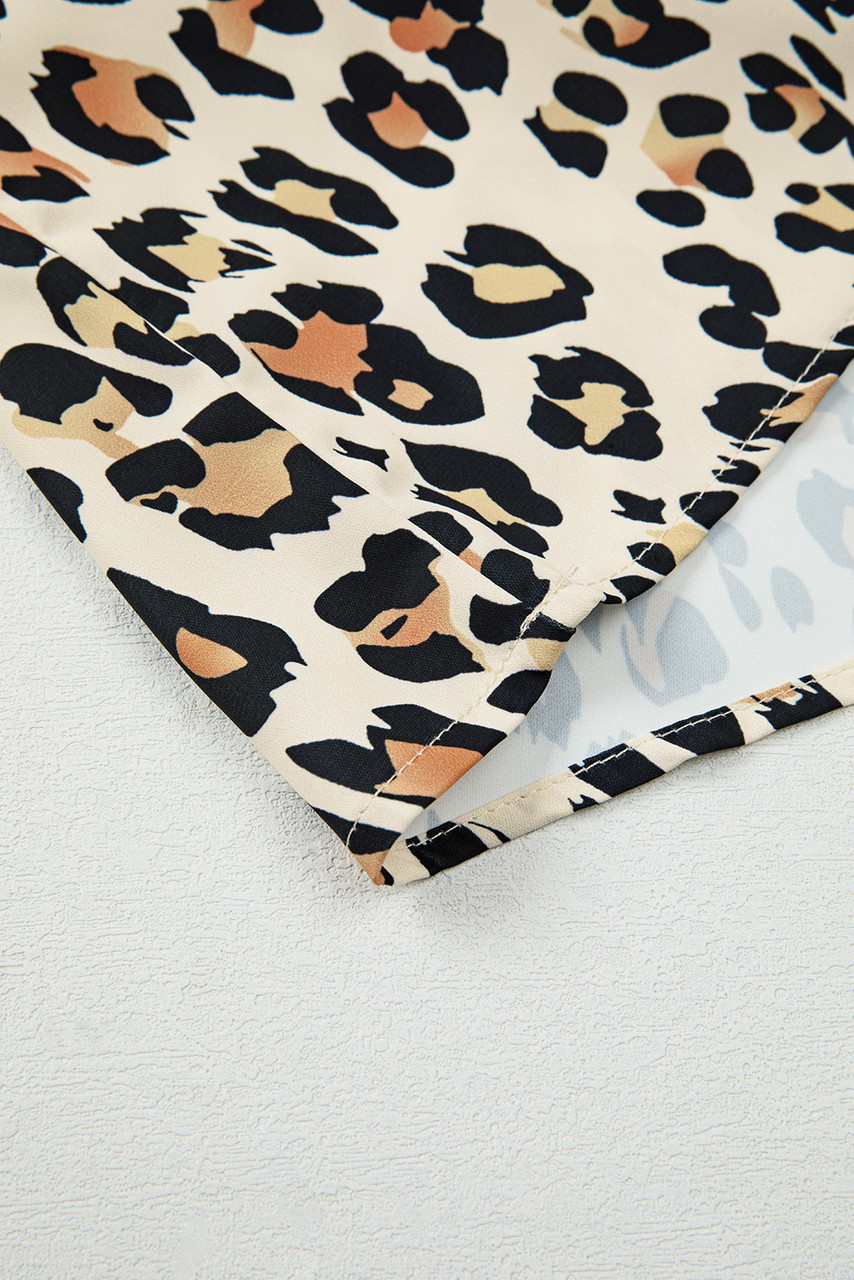 Khaki Leopard Color Block Contrast Striped V Neck Half Sleeve Loose Fit Blouse