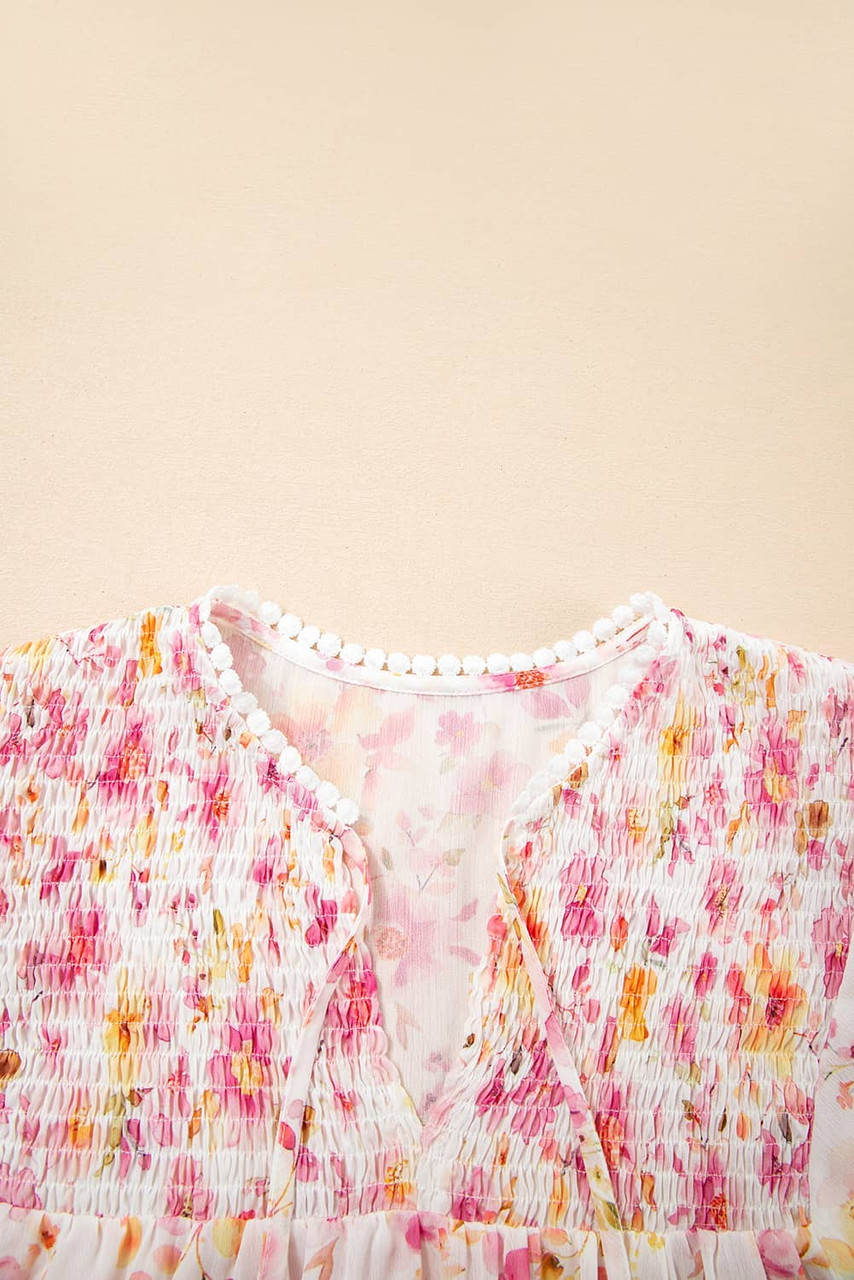 Pink Floral Print Tassel Tie Smocked V Neck Puff Sleeve Tunic Blouse