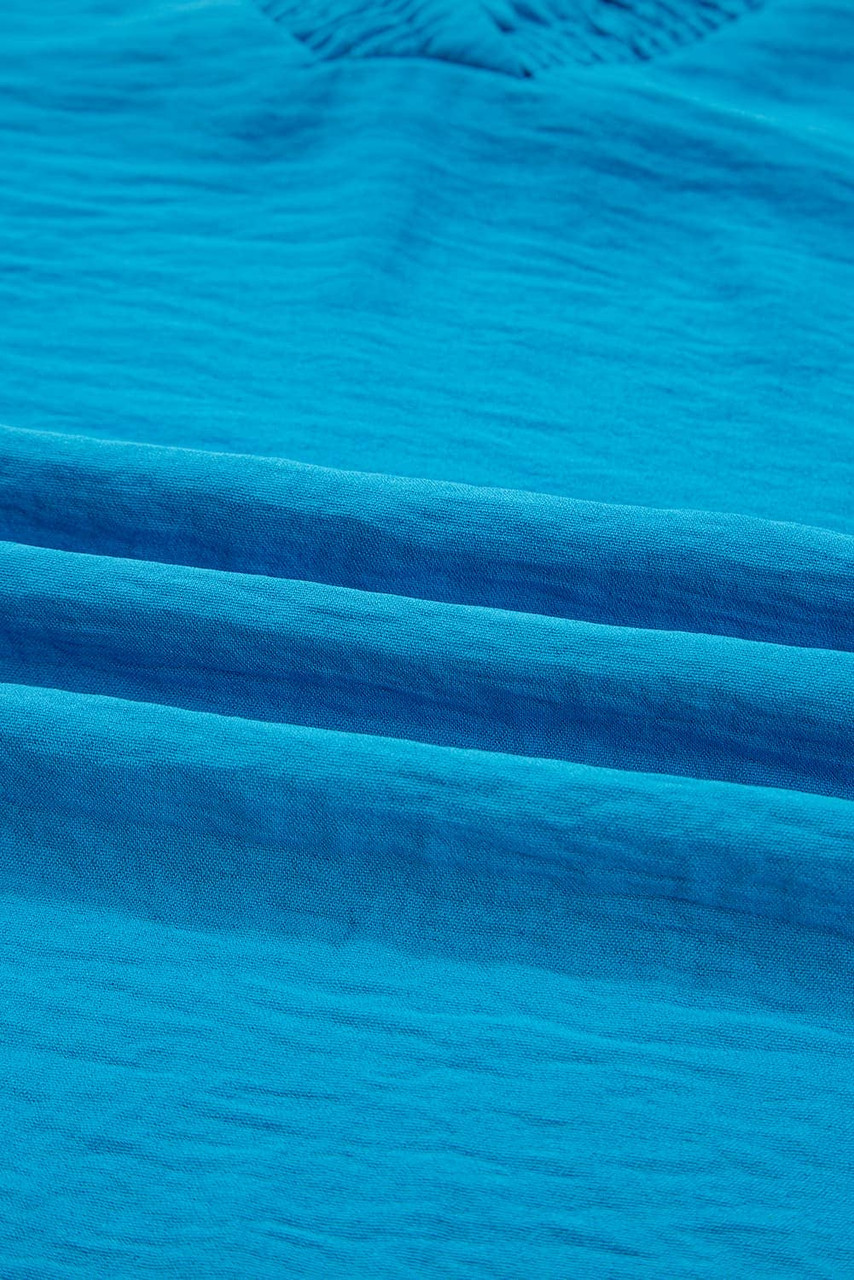 Sky Blue Frilled V Neckline Bracelet Sleeve Crinkled Blouse