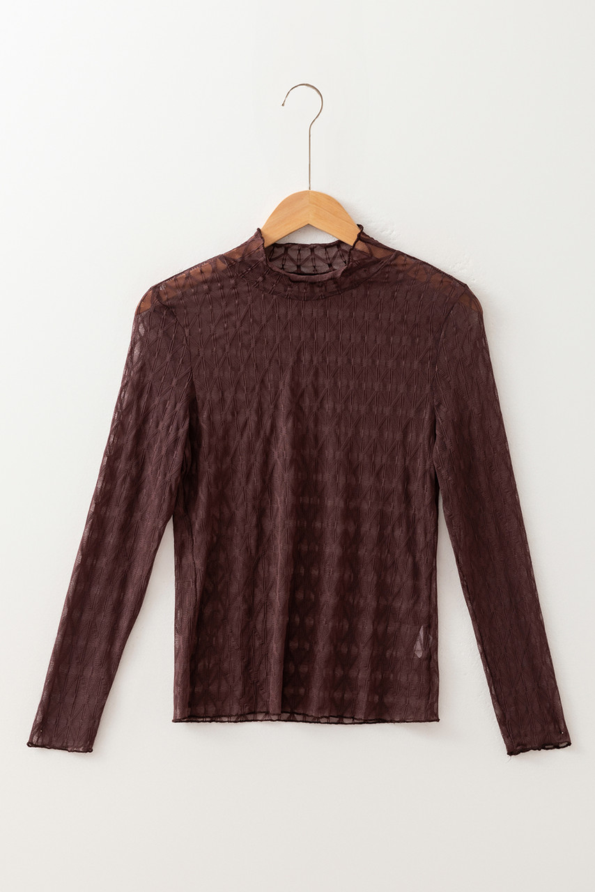Coffee Sheer Mesh Patterned Lettuce Trim Slim Long Sleeve Top