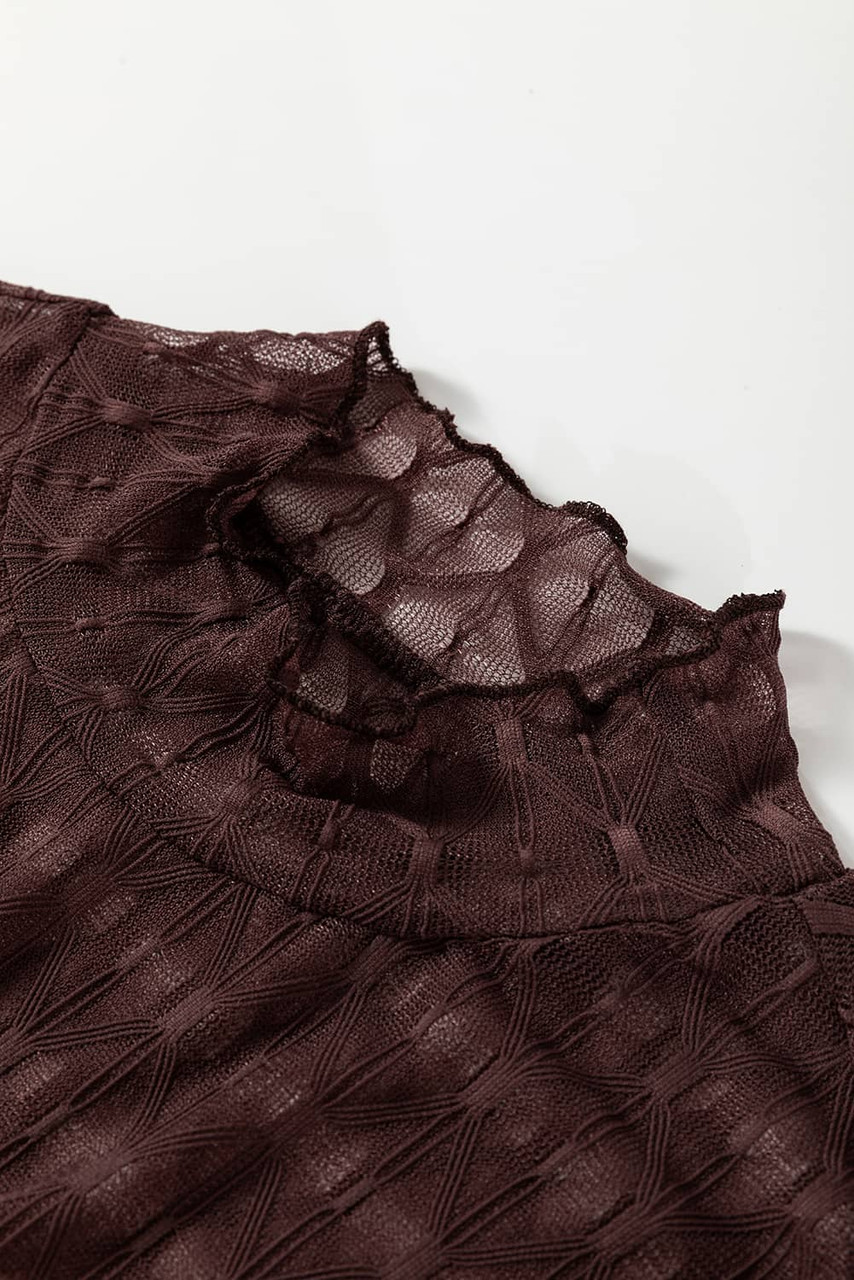 Coffee Sheer Mesh Patterned Lettuce Trim Slim Long Sleeve Top