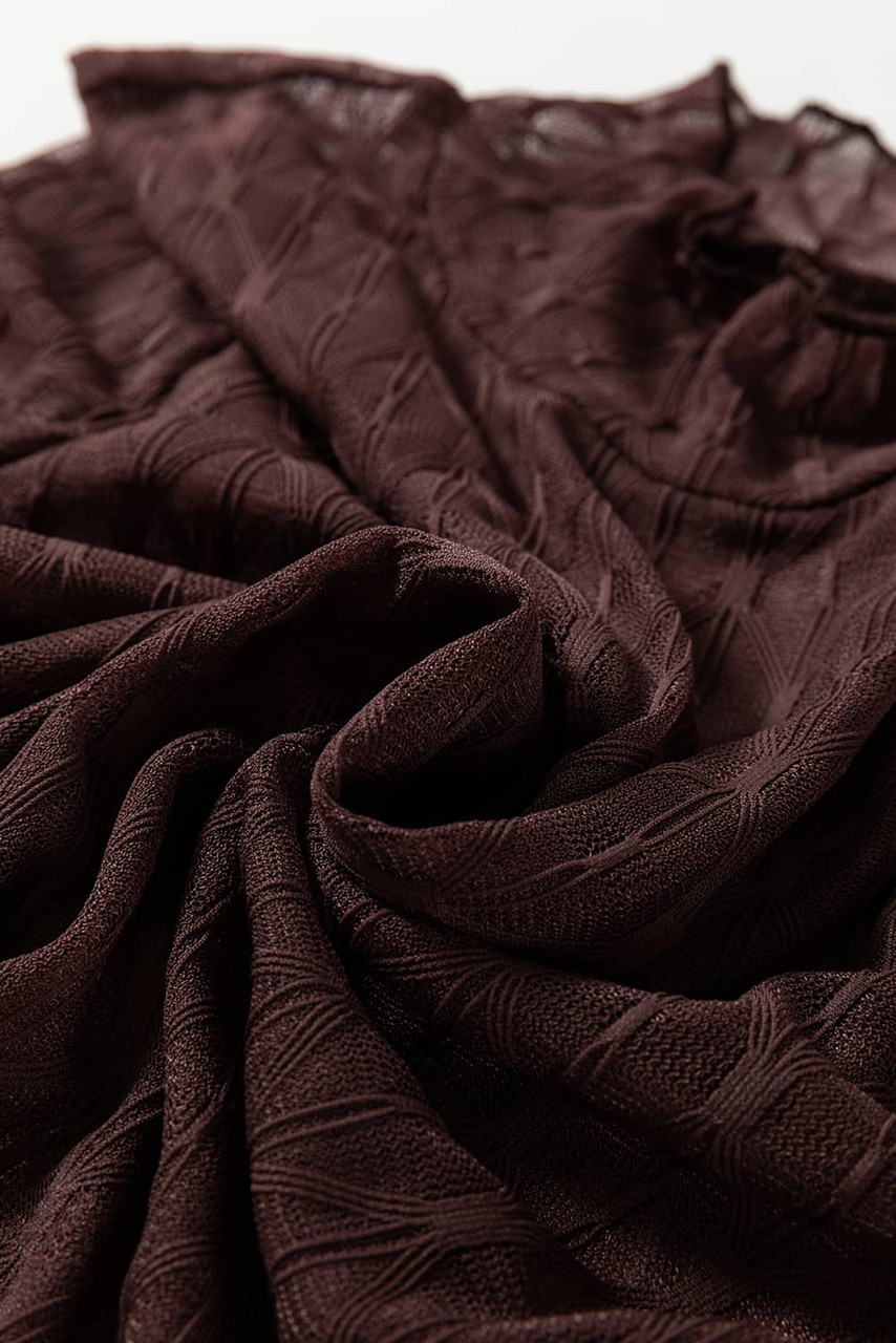 Coffee Sheer Mesh Patterned Lettuce Trim Slim Long Sleeve Top