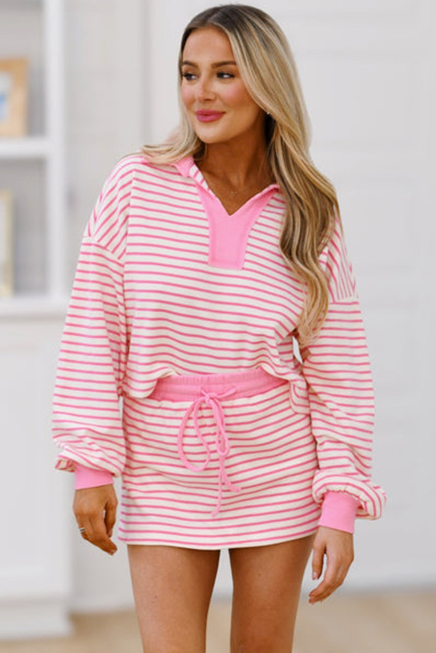 Pink Stripe Collared V Neck Drop Shoulder Pullover and Skort 2pcs Outfit Pink Stripe Collared V Neck Drop Shoulder Pullover and Skort 2pcs Outfit