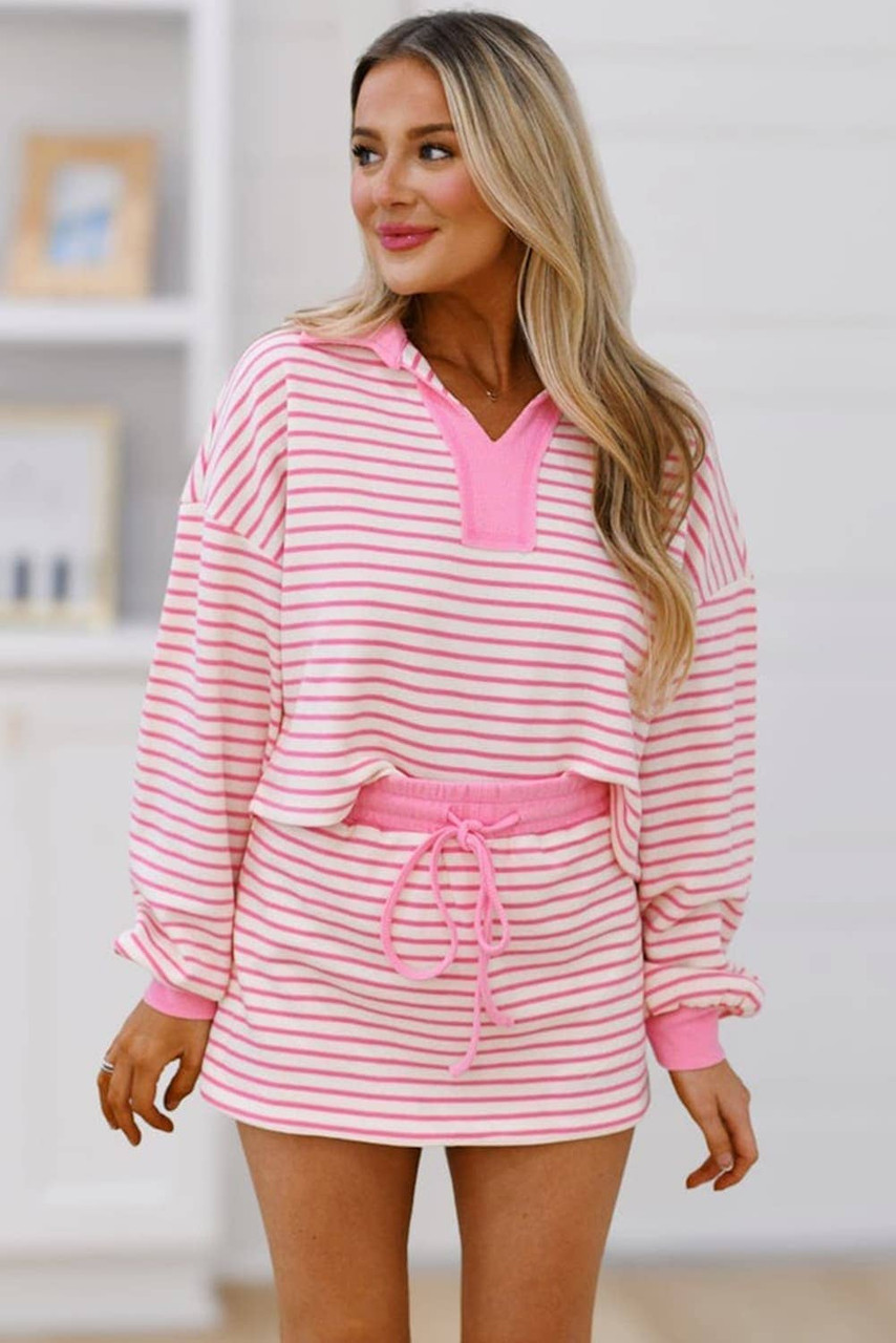 Pink Stripe Collared V Neck Drop Shoulder Pullover and Skort 2pcs Outfit Pink Stripe Collared V Neck Drop Shoulder Pullover and Skort 2pcs Outfit