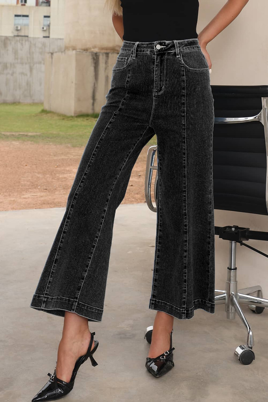 Black Plain Seam Detail Flared Bottom Ankle Length Jeans Black Plain Seam Detail Flared Bottom Ankle Length Jeans