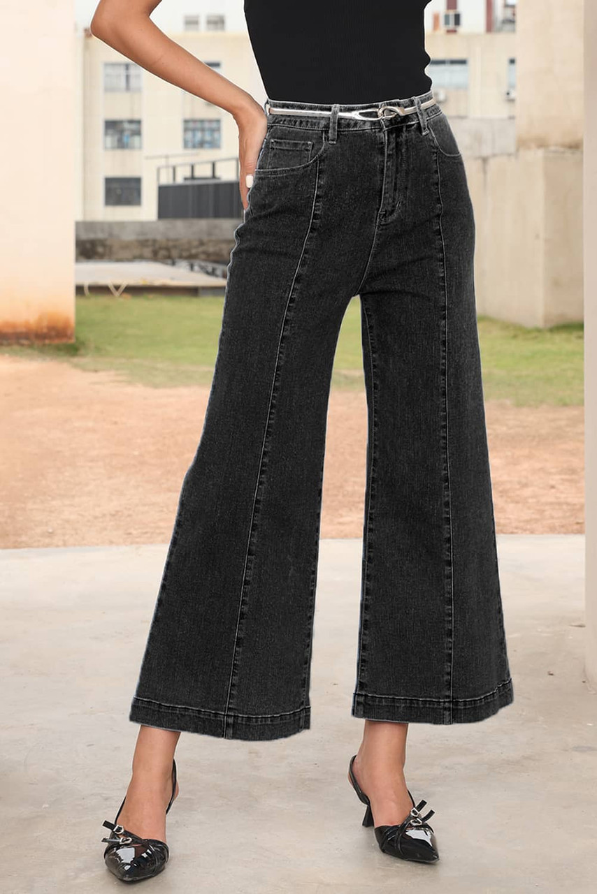 Black Plain Seam Detail Flared Bottom Ankle Length Jeans Black Plain Seam Detail Flared Bottom Ankle Length Jeans