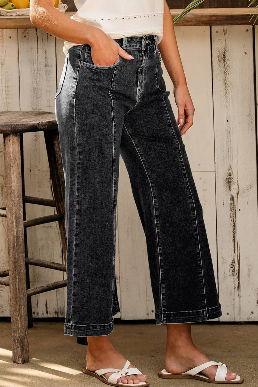 Black Plain Seam Detail Flared Bottom Ankle Length Jeans Black Plain Seam Detail Flared Bottom Ankle Length Jeans