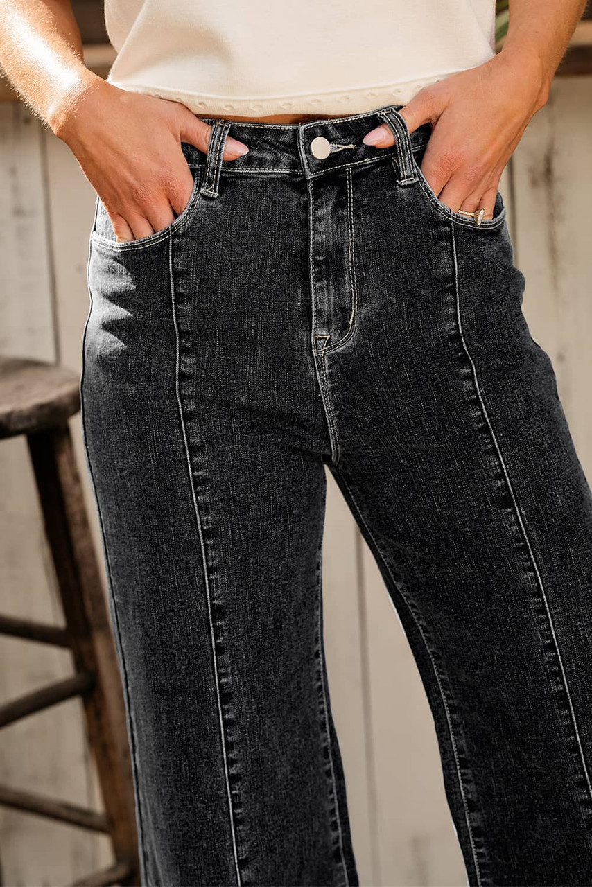 Black Plain Seam Detail Flared Bottom Ankle Length Jeans Black Plain Seam Detail Flared Bottom Ankle Length Jeans