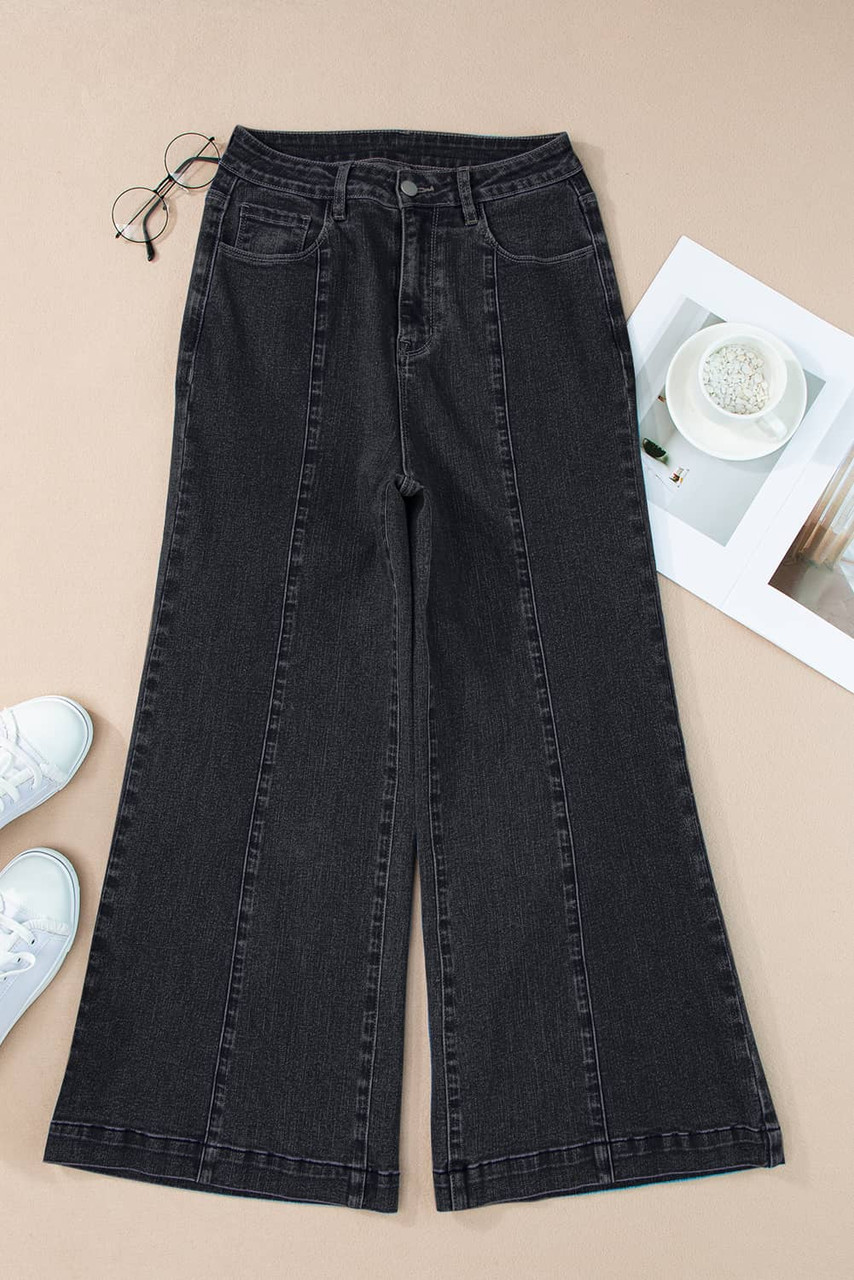 Black Plain Seam Detail Flared Bottom Ankle Length Jeans Black Plain Seam Detail Flared Bottom Ankle Length Jeans