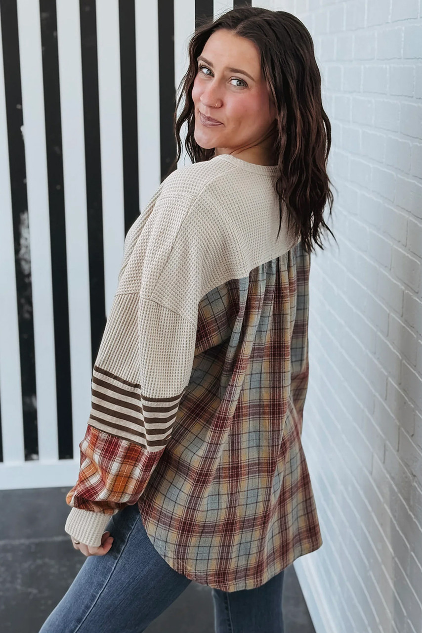 Parchment Plus Size Waffle Colorblock Striped Plaid Patchwork Half Button Pullover