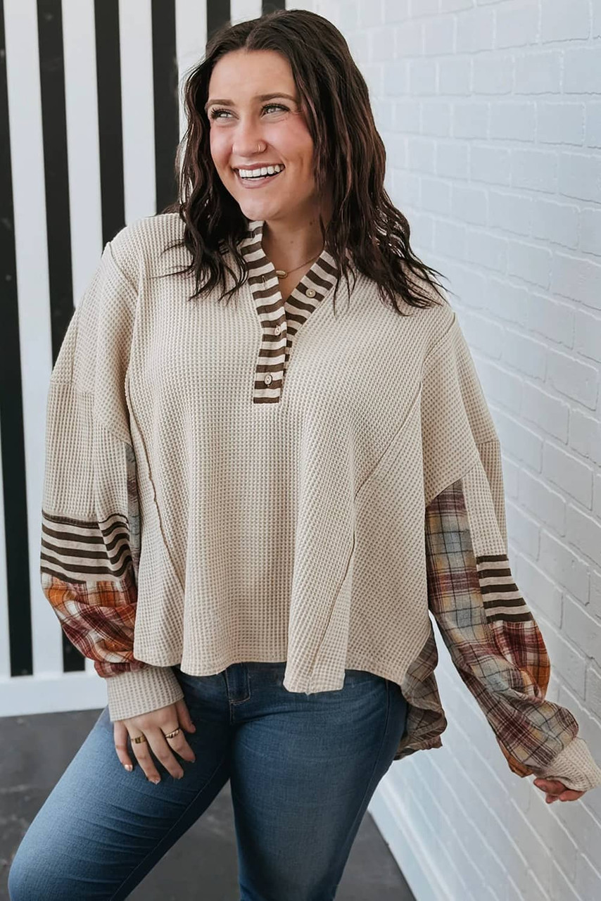 Parchment Plus Size Waffle Colorblock Striped Plaid Patchwork Half Button Pullover