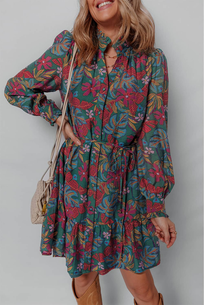 Green Floral Friled V Neck Puff Sleeve Ruffled Shirt Dress