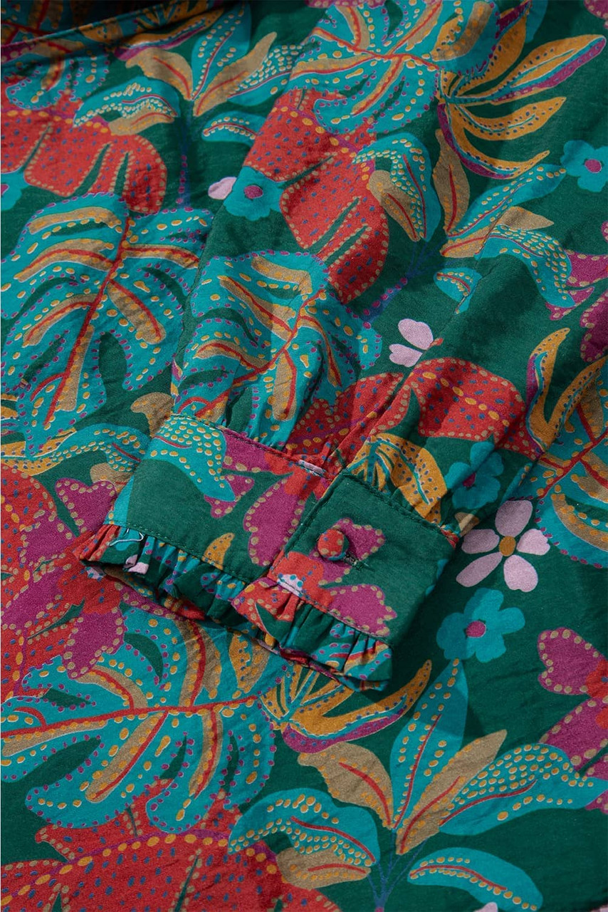 Green Floral Friled V Neck Puff Sleeve Ruffled Shirt Dress