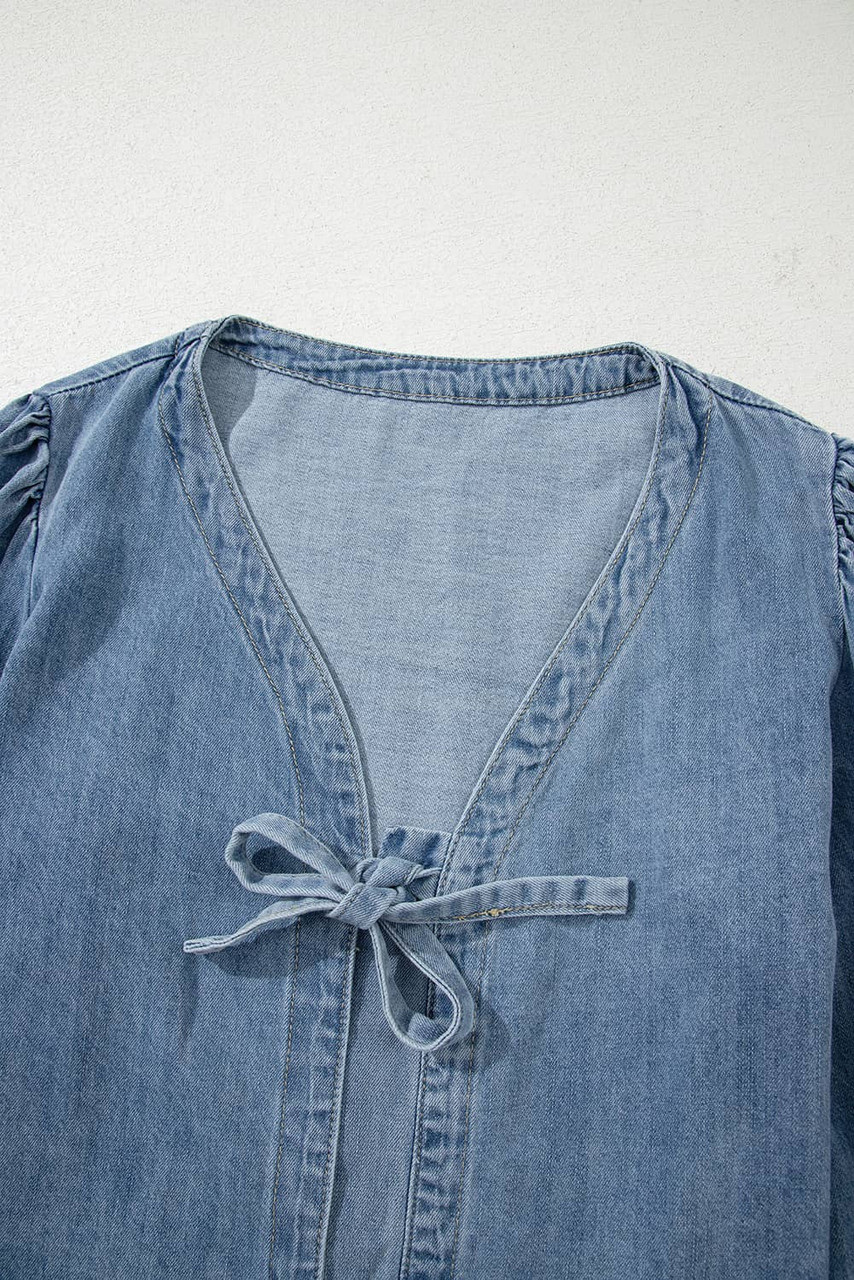 Dusk Blue Tied Front Long Puff Sleeve Denim Top