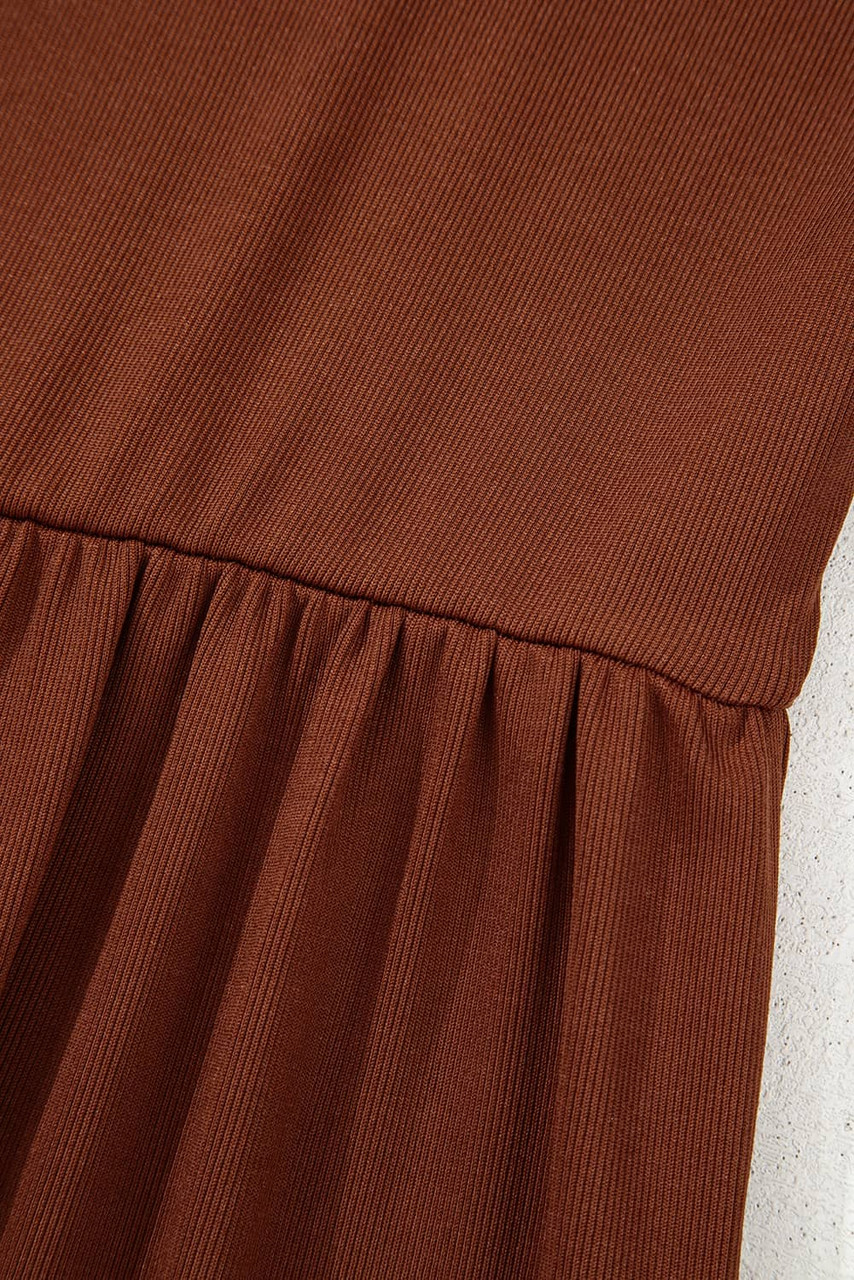 Straw Yellow Ribbed Frilled Trim High Waist Long Sleeve Mini Dress