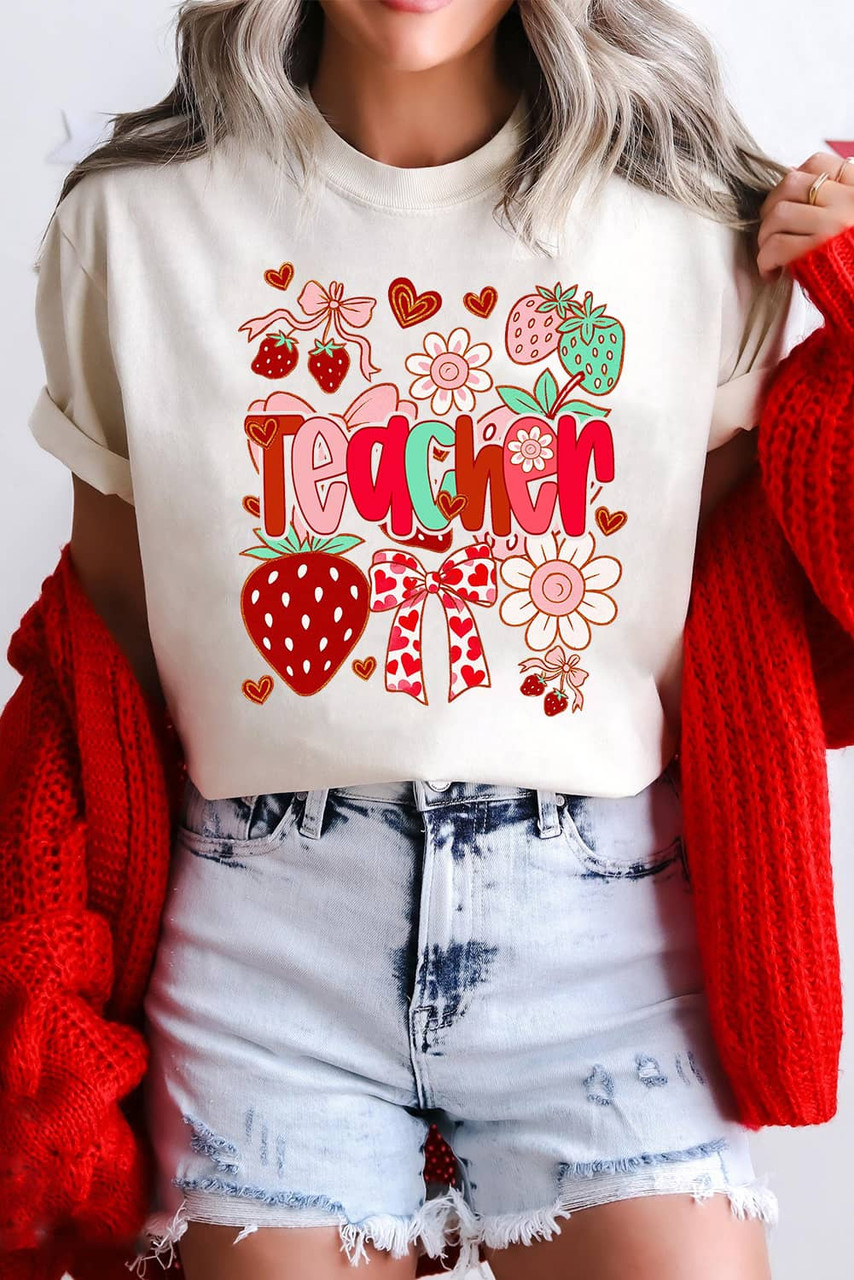 White Cute Strawberry Floral Teacher Graphic Custom Tee