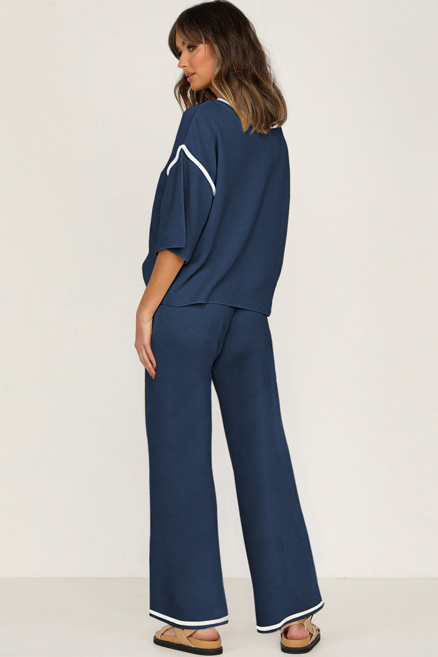 Navy Blue Contrast Trim Half Sleeve Top Drawstring Pants Loose 2pcs Sweater Suit