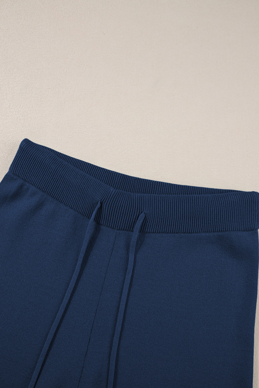 Navy Blue Contrast Trim Half Sleeve Top Drawstring Pants Loose 2pcs Sweater Suit