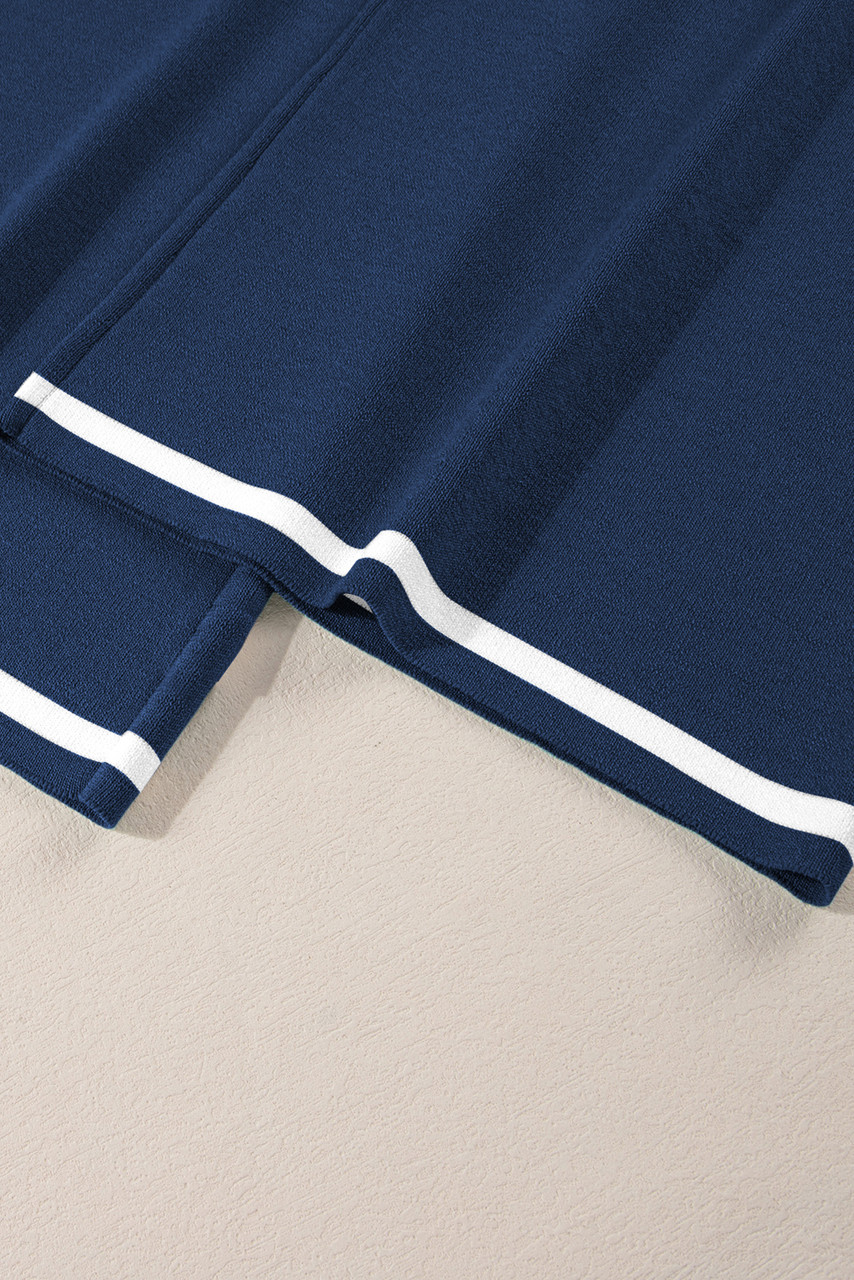 Navy Blue Contrast Trim Half Sleeve Top Drawstring Pants Loose 2pcs Sweater Suit