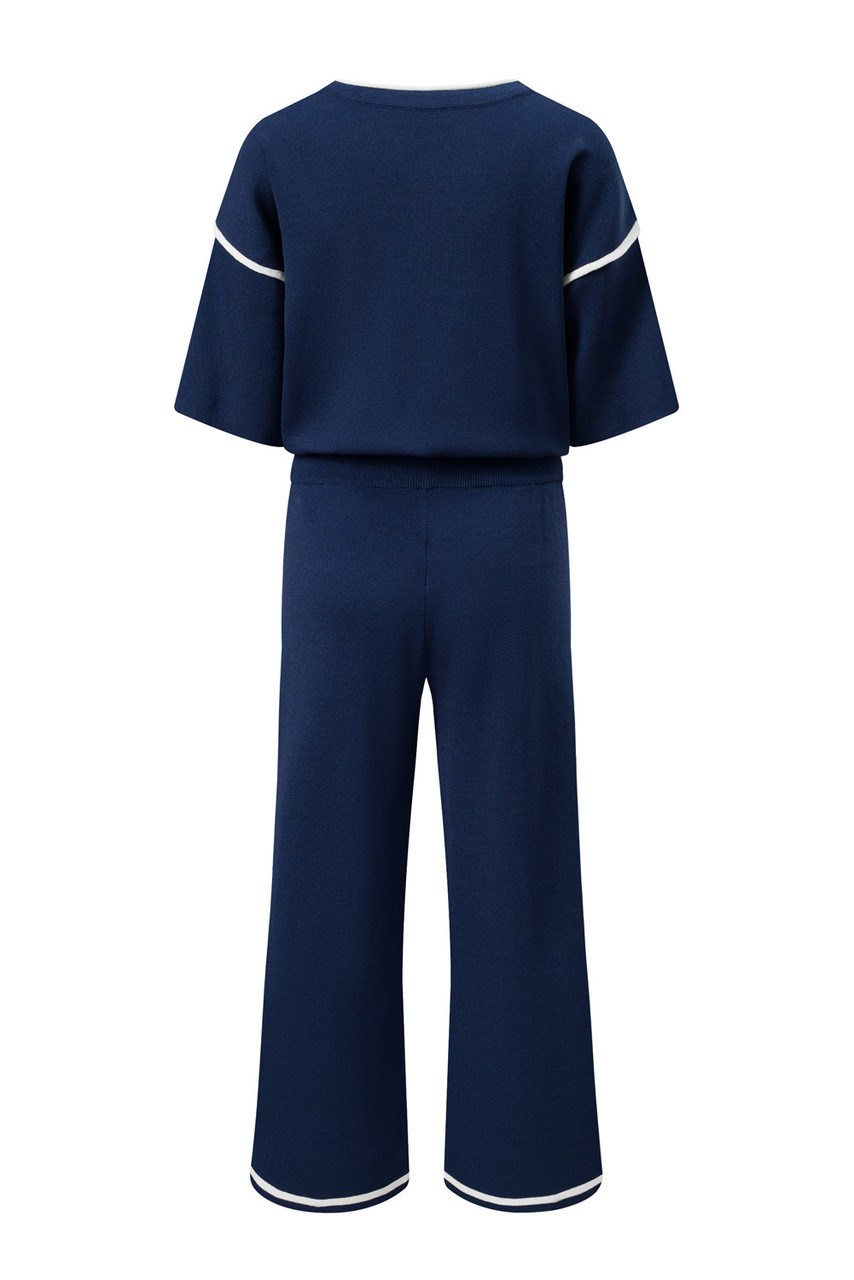 Navy Blue Contrast Trim Half Sleeve Top Drawstring Pants Loose 2pcs Sweater Suit