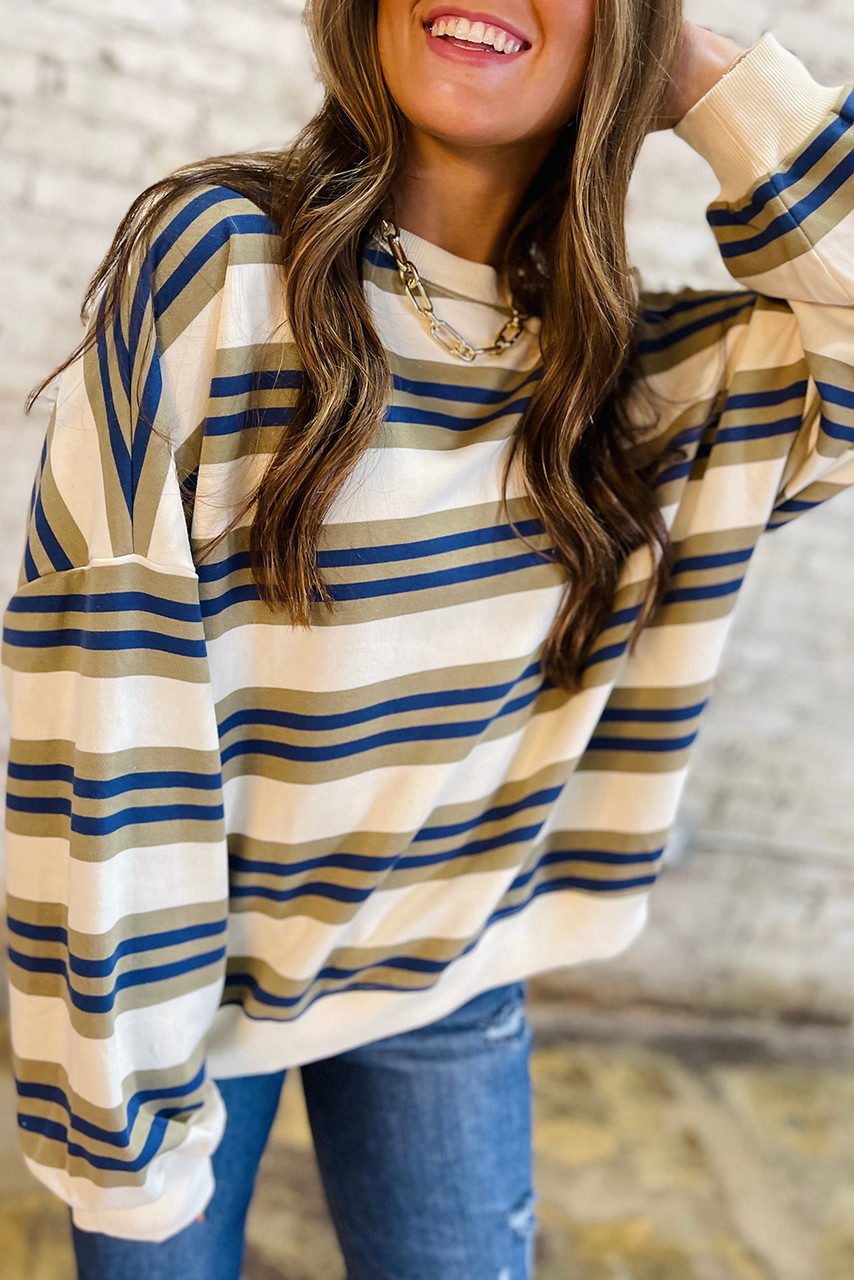 Khaki Stripe Crew Neck Drop Shoulder Pullover Sweatshirt