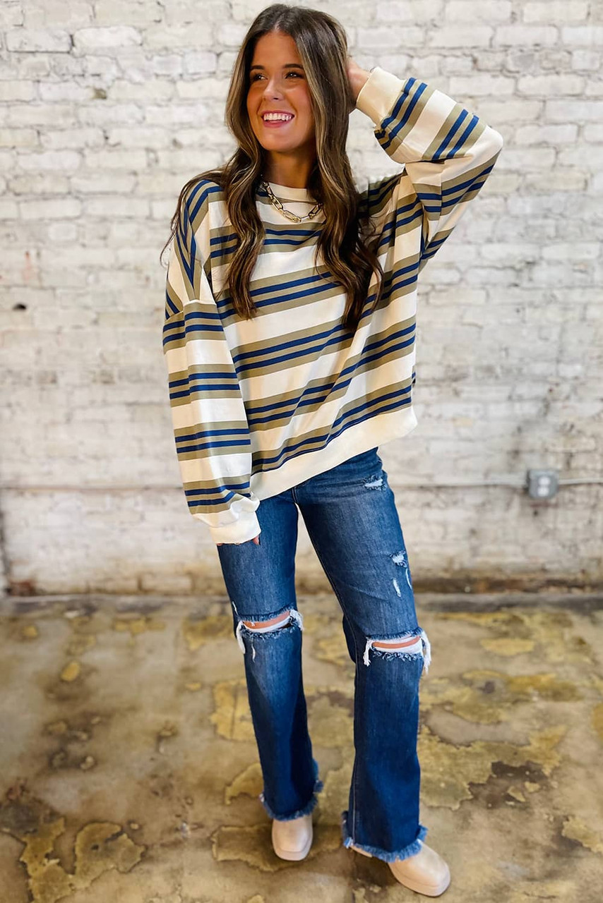 Khaki Stripe Crew Neck Drop Shoulder Pullover Sweatshirt