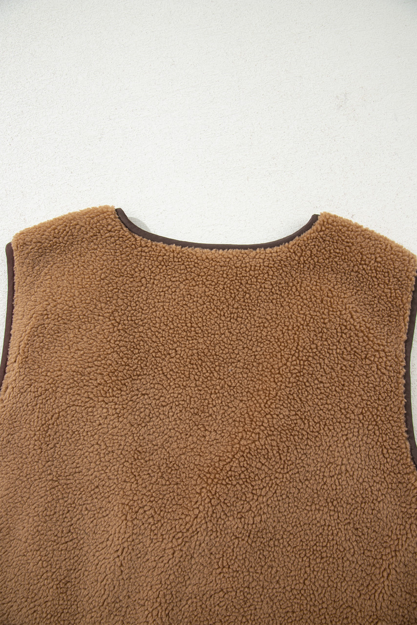 Light French Beige Contrast Trim Tie Front Sherpa Vest
