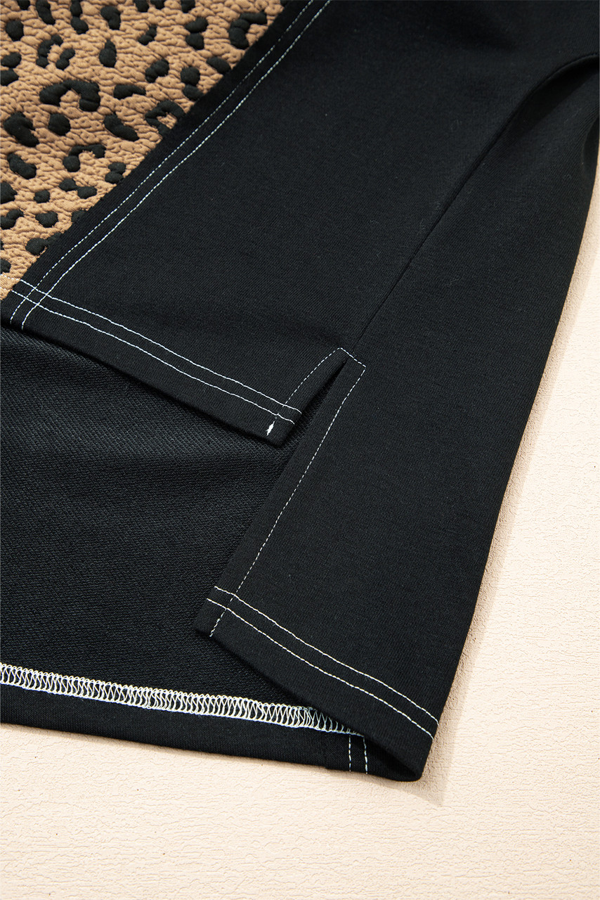 Brown Leopard Patchwork Contrast Stitching Knotted Cuff Quarter Zip Hoodie