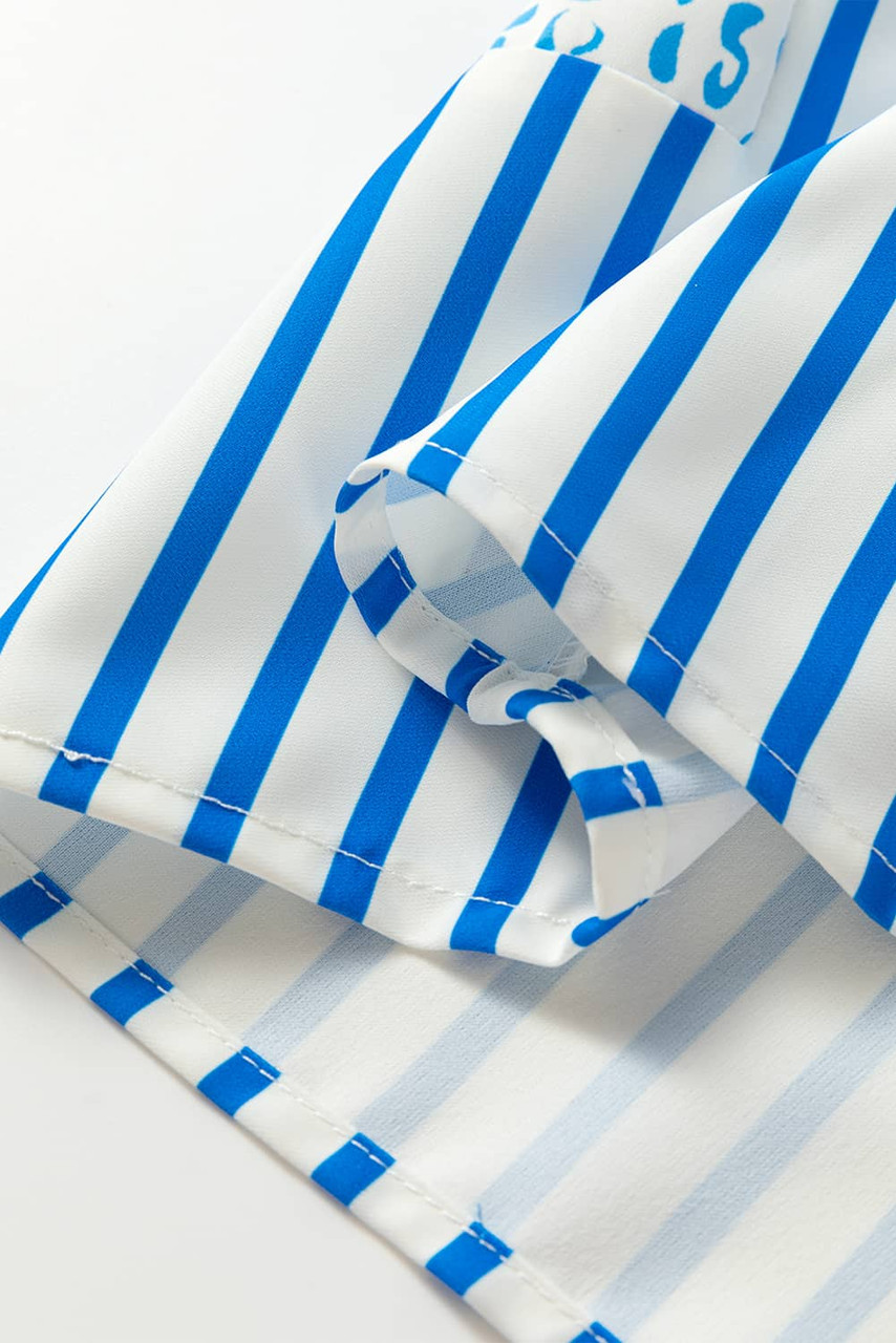 Sky Blue Contrast Striped Trim Floral Shift Fit Fall Dress