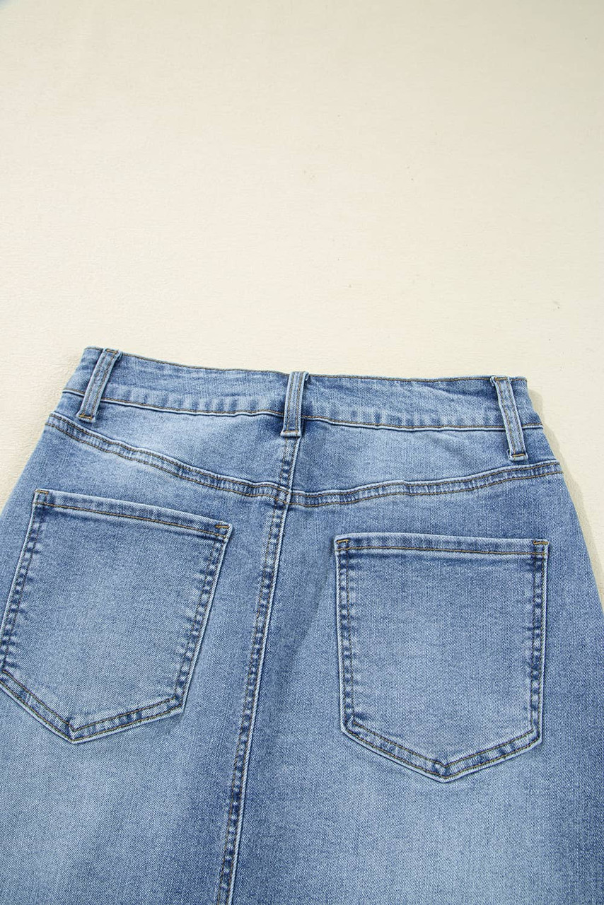 Myosotis Irregular Distressed Bottom Denim Midi Skirt Myosotis Irregular Distressed Bottom Denim Midi Skirt