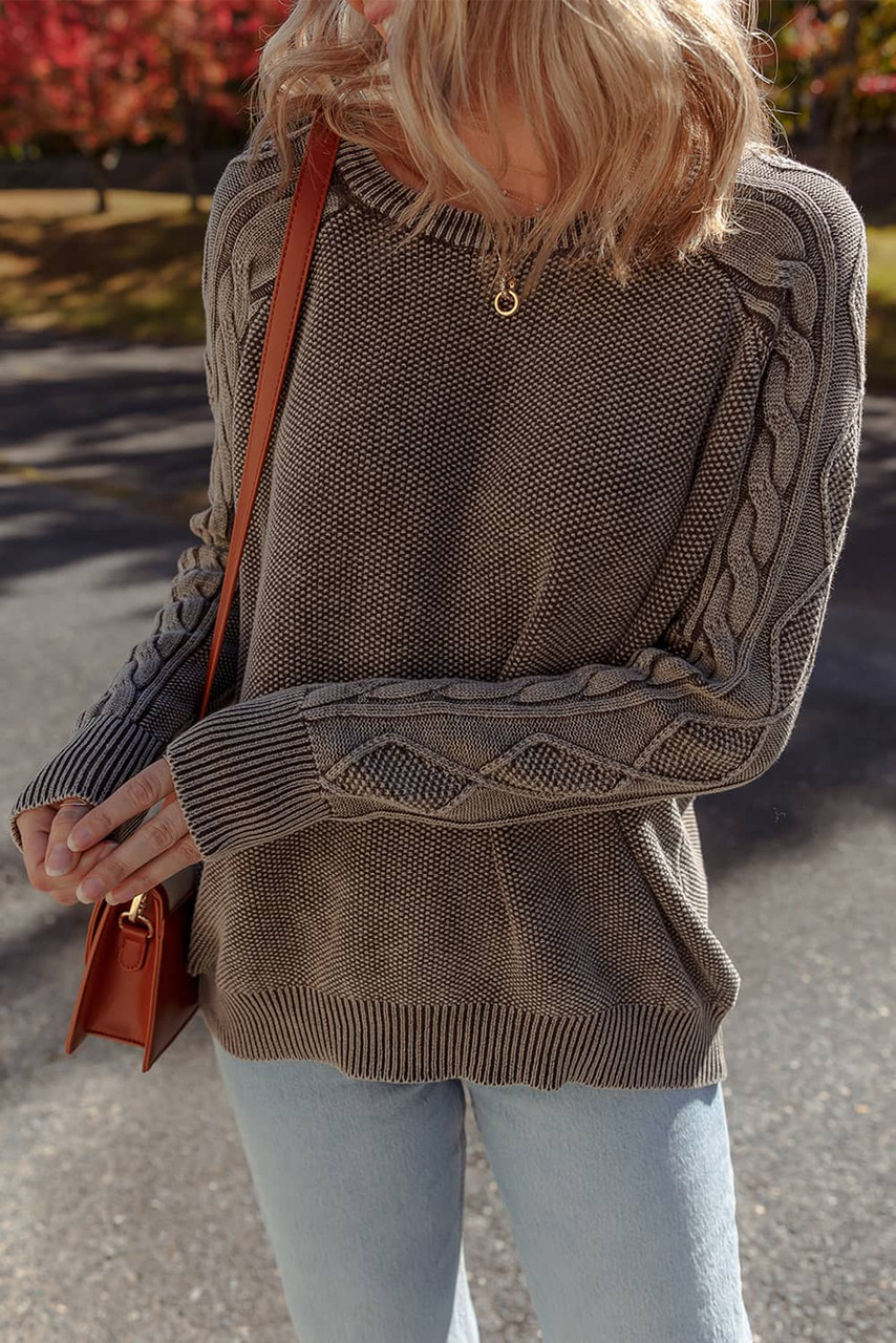 Dark Brown Contrast Cable Knit Sleeve Casual Sweater