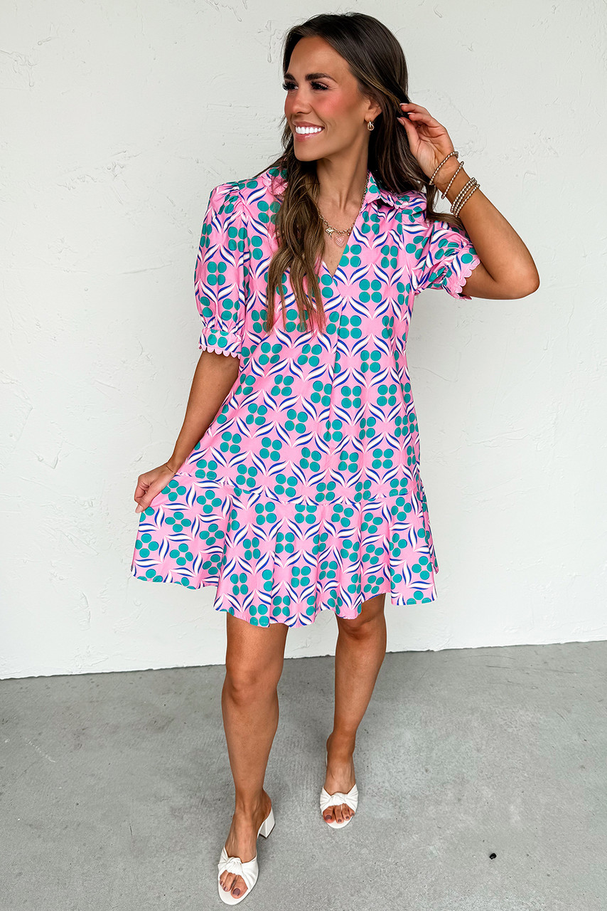Pink Geometric Floral Print V Neck Ricrac Trim Short Sleeve Mini Dress