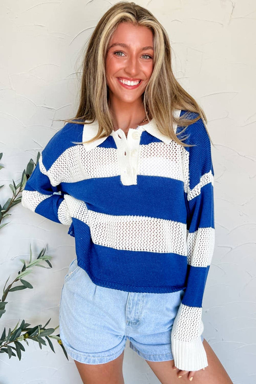 Blue Stripe Colorblock Polo Collar Eyelet Crochet Knitted Sweater