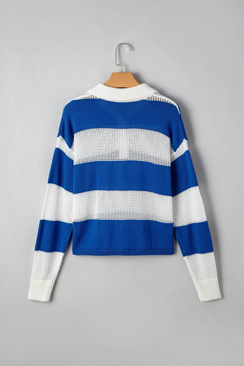 Blue Stripe Colorblock Polo Collar Eyelet Crochet Knitted Sweater