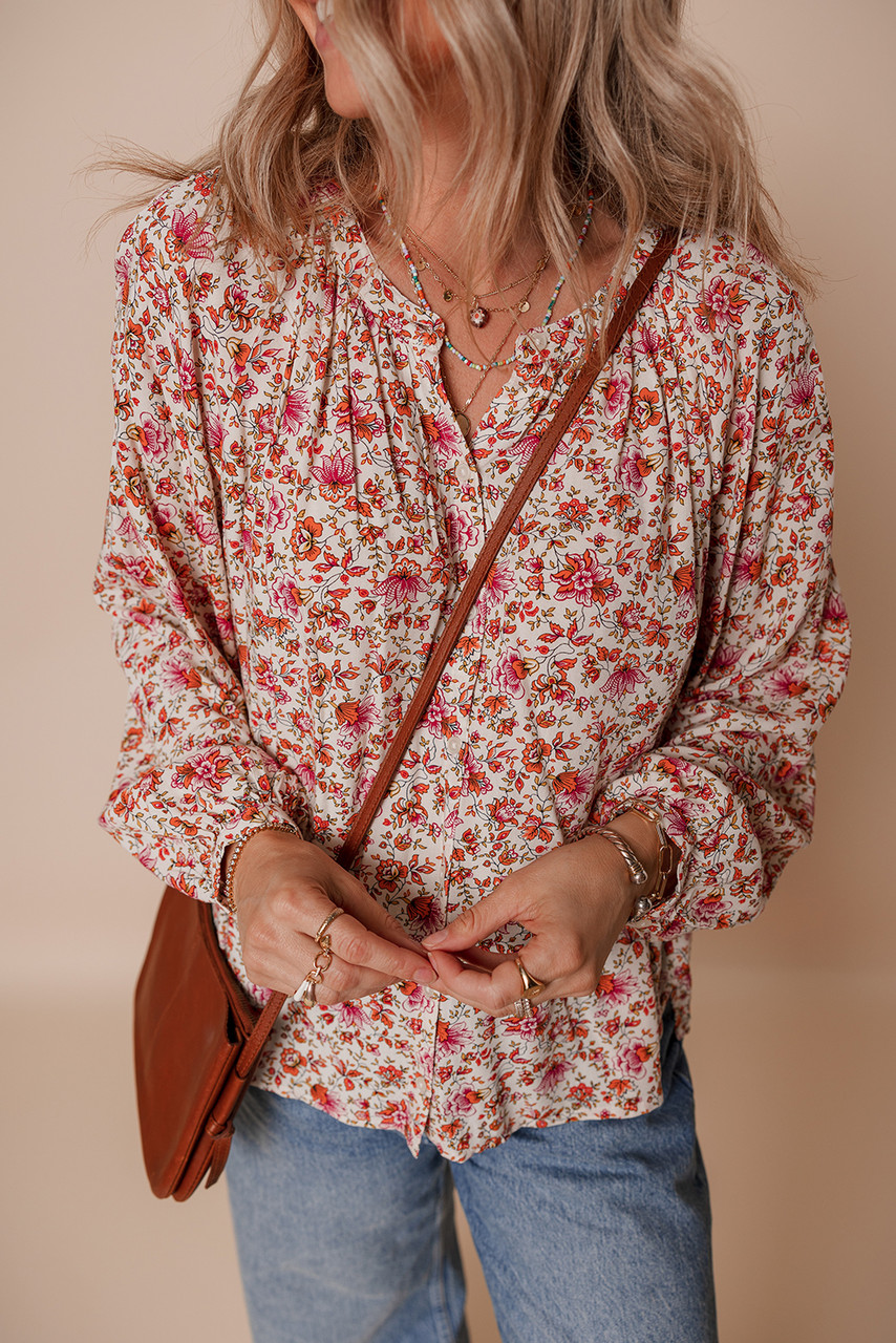 Red Floral Print Pleated Detail Notched Neck Puff Sleeve Blouse