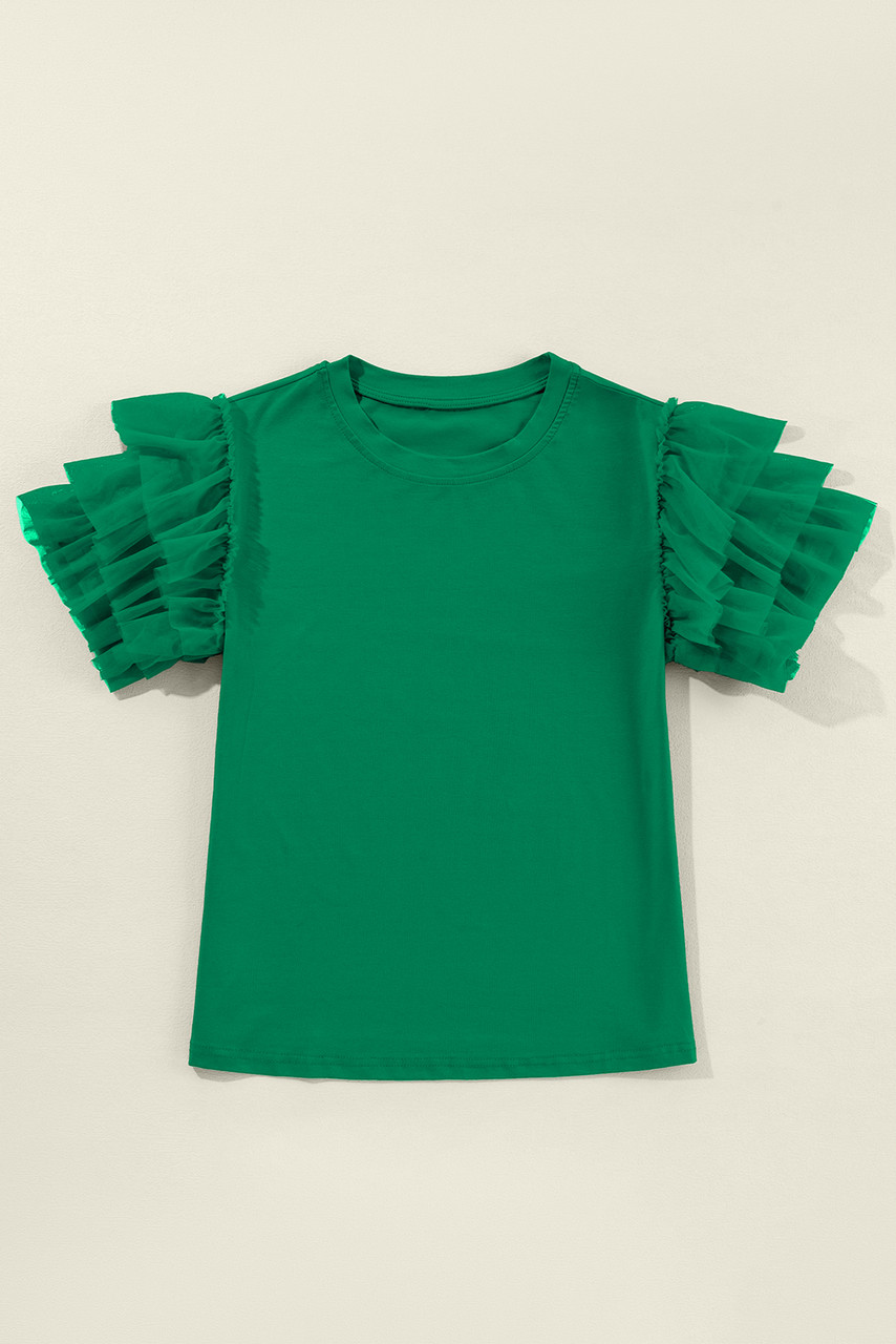 Dark Green Tulle Ruffle Sleeve Blouse