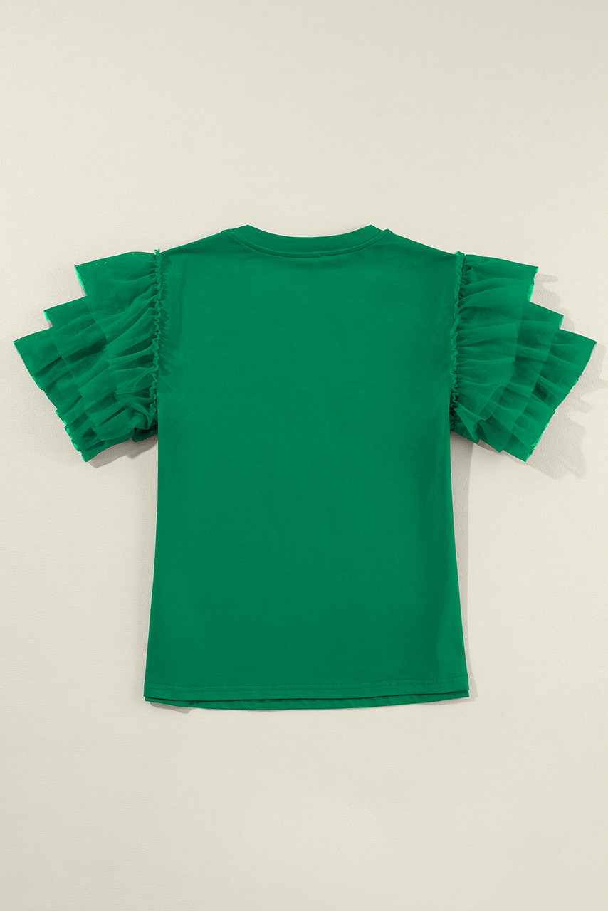 Dark Green Tulle Ruffle Sleeve Blouse