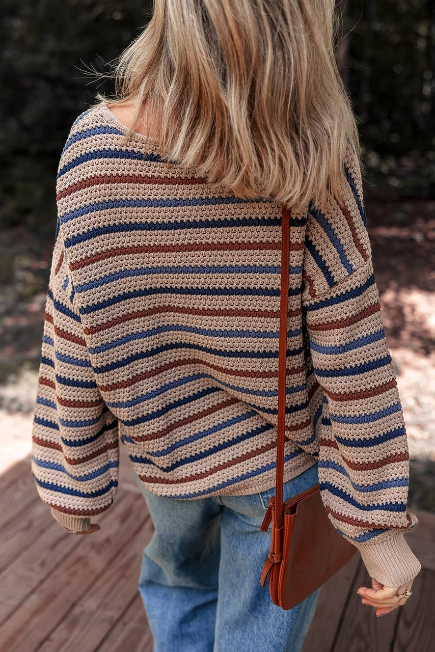 Multicolour Striped Knitted Drop Shoulder Round Neck Sweater