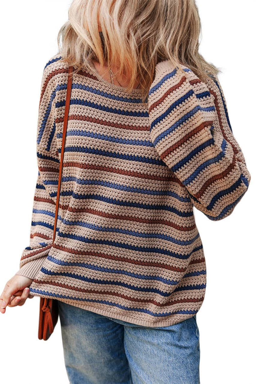 Multicolour Striped Knitted Drop Shoulder Round Neck Sweater