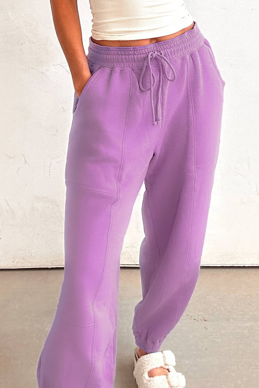 Lilac Drawstring Waist Patchwork Solid Color Jogger Pants Lilac Drawstring Waist Patchwork Solid Color Jogger Pants