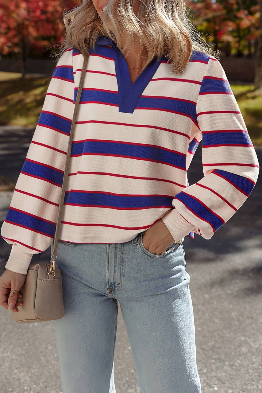 Blue Stripe Color Block Polo Pullover Sweatshirt