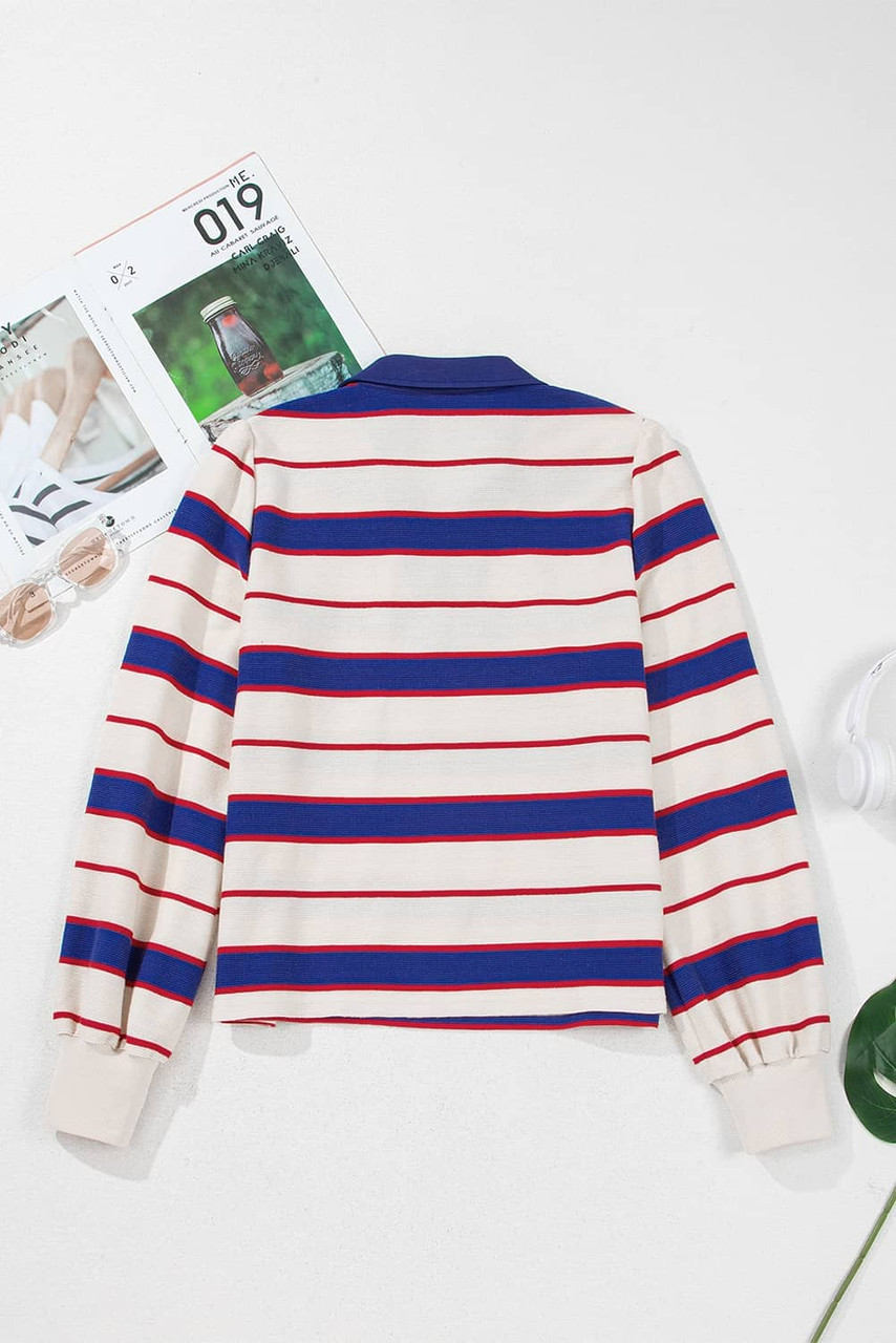 Blue Stripe Color Block Polo Pullover Sweatshirt