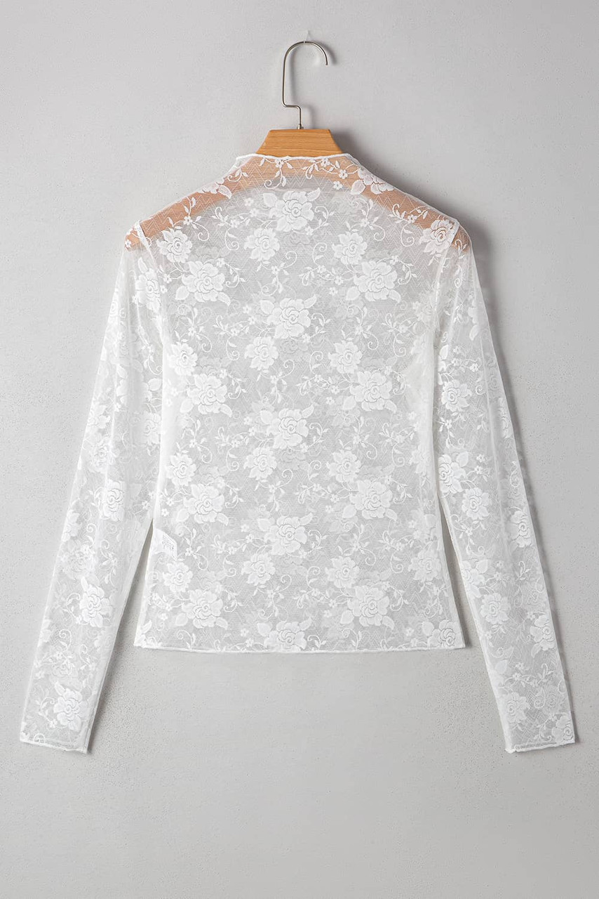 White Sheer Floral Lace Mesh Mock Neck Long Sleeve Top