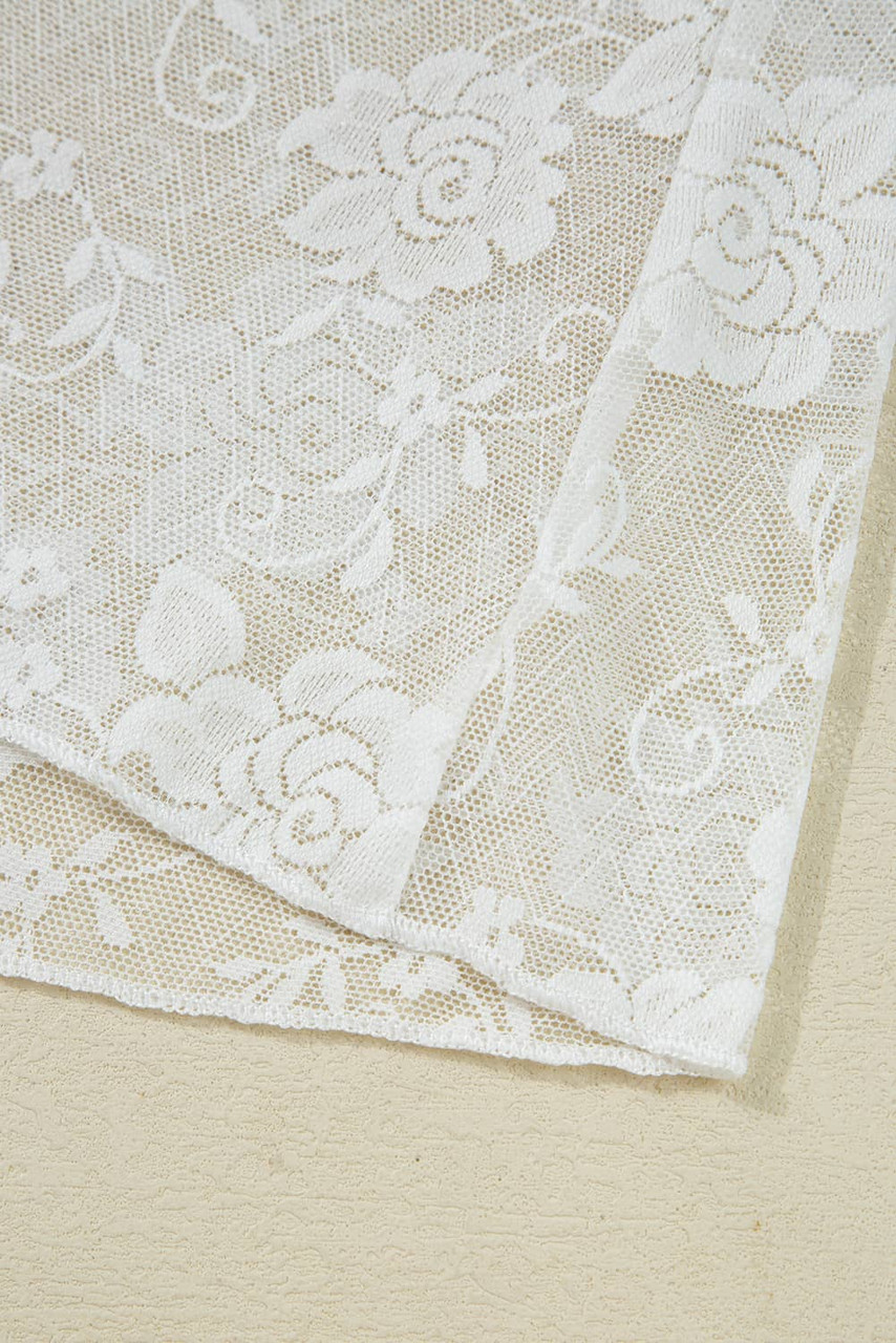 White Sheer Floral Lace Mesh Mock Neck Long Sleeve Top