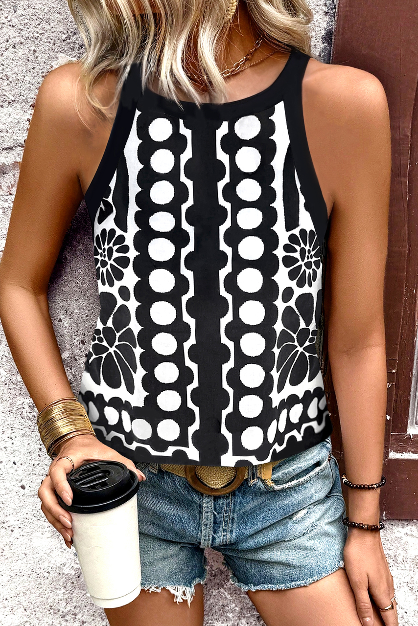 Black Abstract Dot Flower Print Tank Top