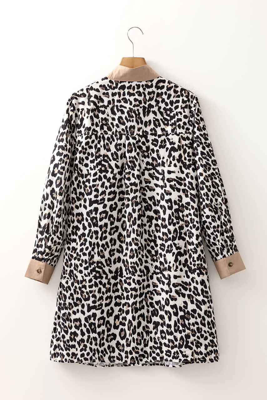 Multicolour Button Striped Collar Leopard Print Long Sleeve Flared Dress