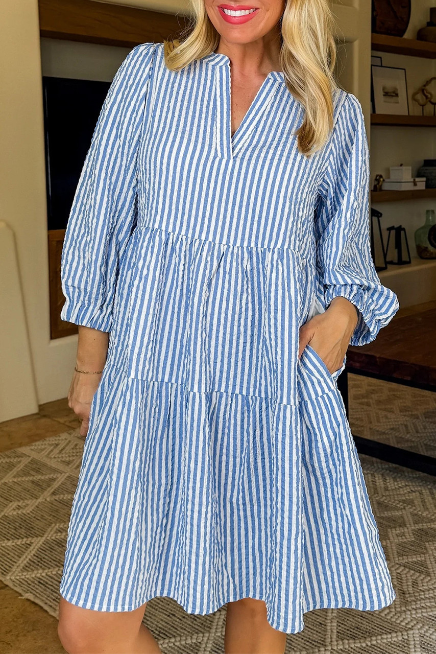 Sky Blue Stripe Bracelet Sleeve Tiered Shift Dress with Pockets