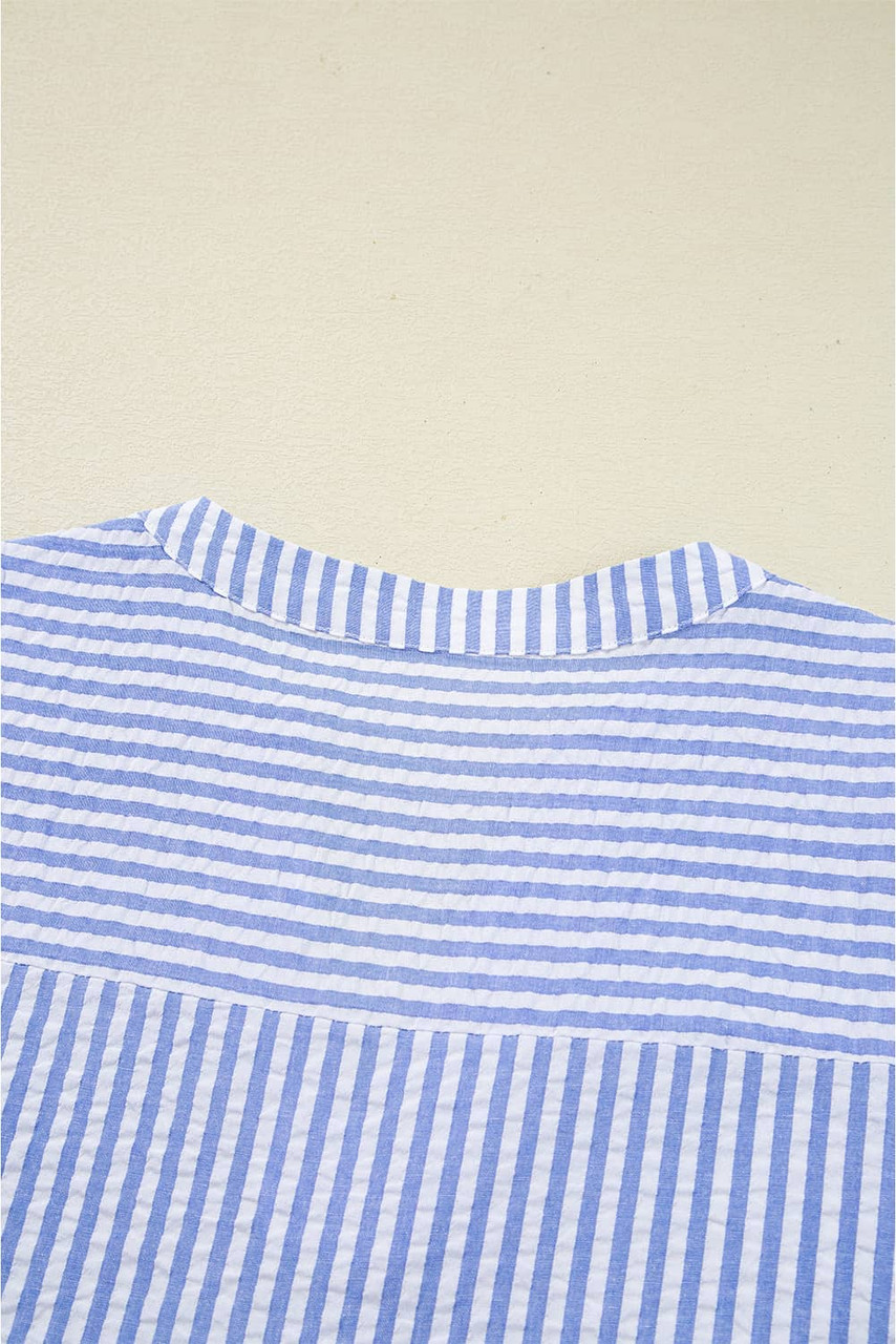 Sky Blue Stripe Bracelet Sleeve Tiered Shift Dress with Pockets