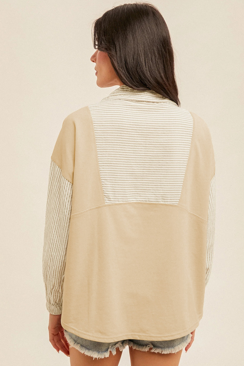 Khaki Stripe Mix Half Zip French Terry Plus Size Sweatshirt