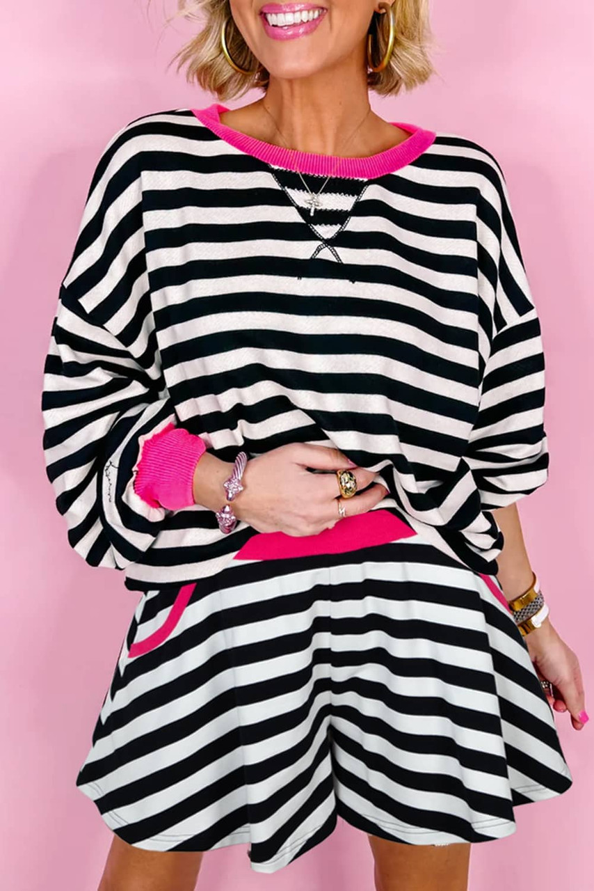Black Stripe Contrast Ribbed Banding Long Sleeve Blouse Loose Shorts Set Black Stripe Contrast Ribbed Banding Long Sleeve Blouse Loose Shorts Set